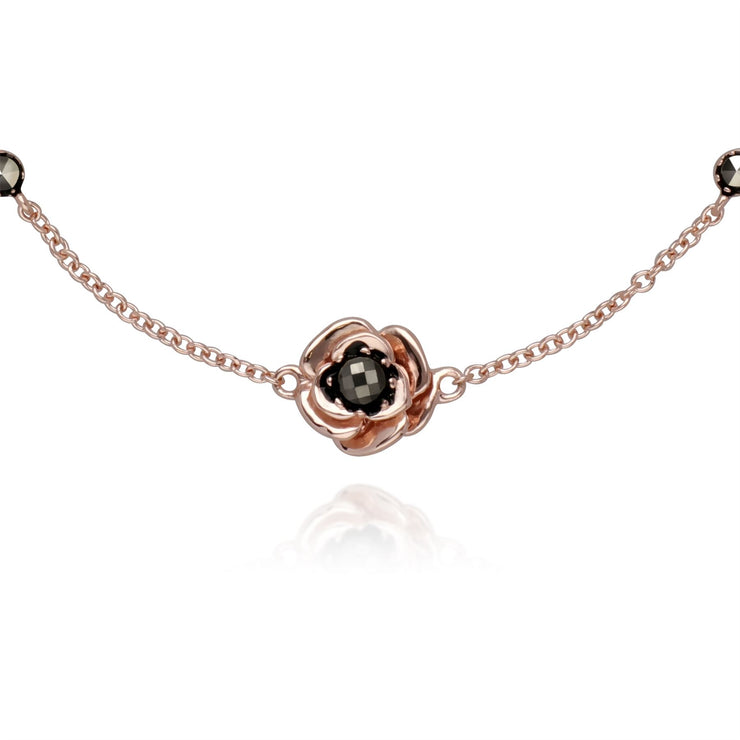 Bracciale in marcasite con fiore in argento sterling placcato oro rosa da 19 cm