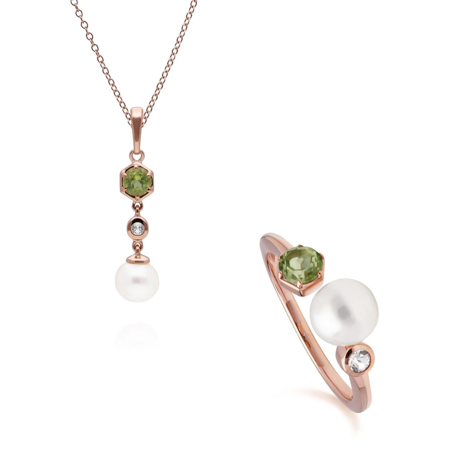 Modern Pearl, Peridot & Topaz Pendant & Ring Set in Rose Gold Plated Sterling Silver
