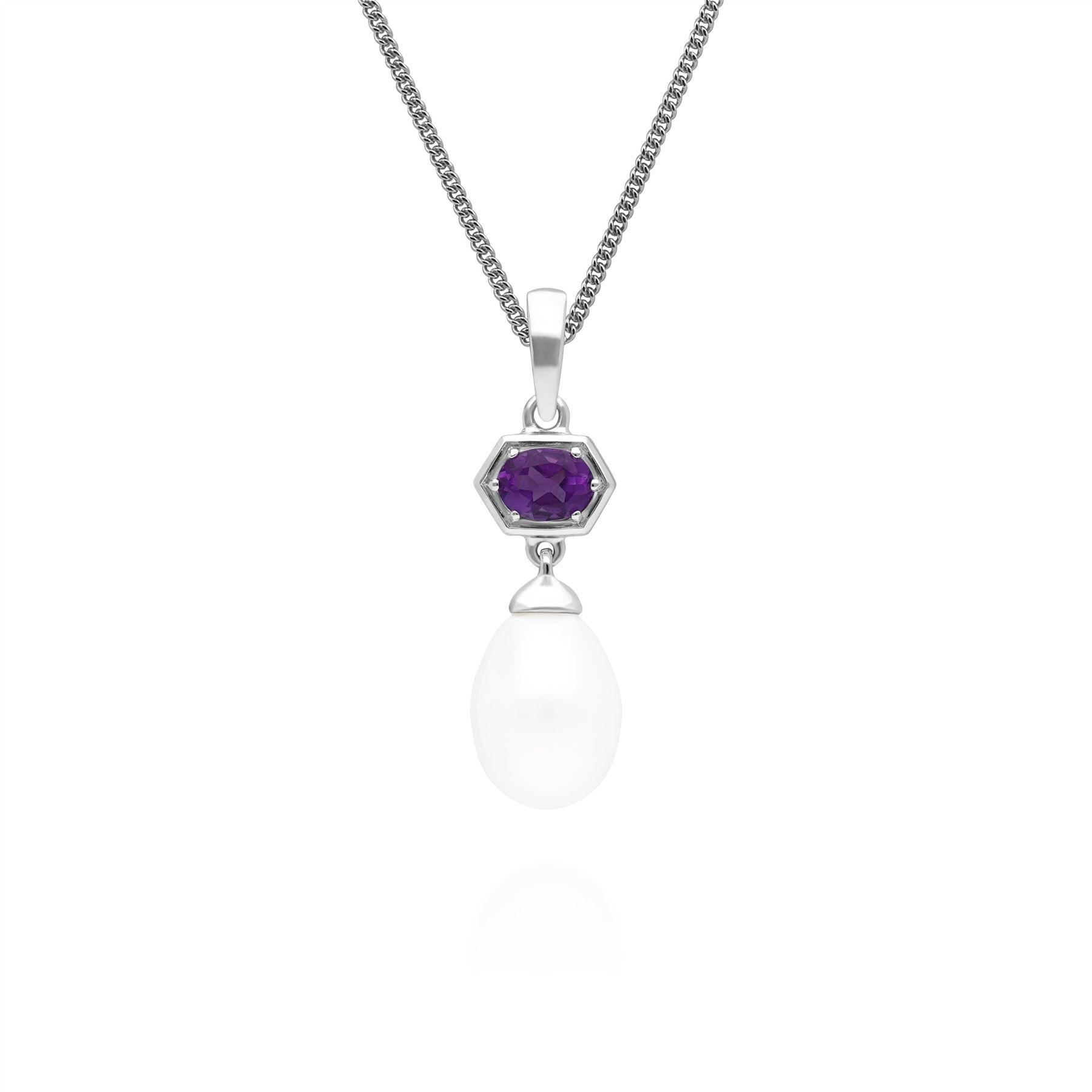 Modern Pearl & Amethyst Ring & Pendant Set in Sterling Silver