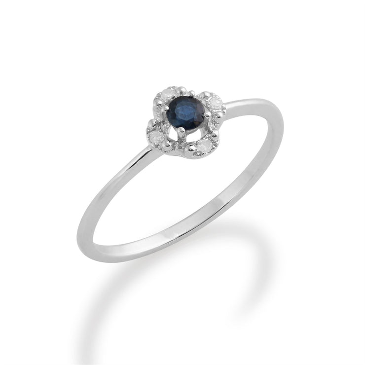 Anello Gemondo con zaffiro, anello a fiore con zaffiro e diamanti in oro bianco da 9 ct da 0,14 ct