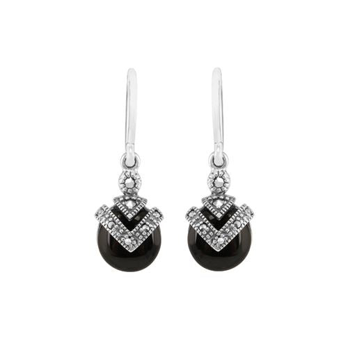 Orecchini pendenti e pendenti in stile Art Déco in argento 925 con onice nero, cabochon e marcasite