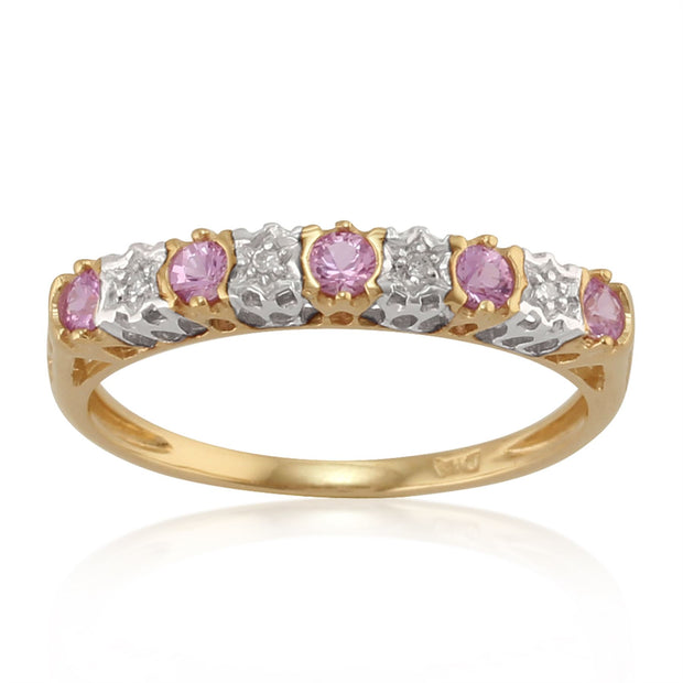 Orecchini a mezzo cerchio e classico anello Half Eternity in oro giallo 375 con zaffiro rosa rotondo e diamante