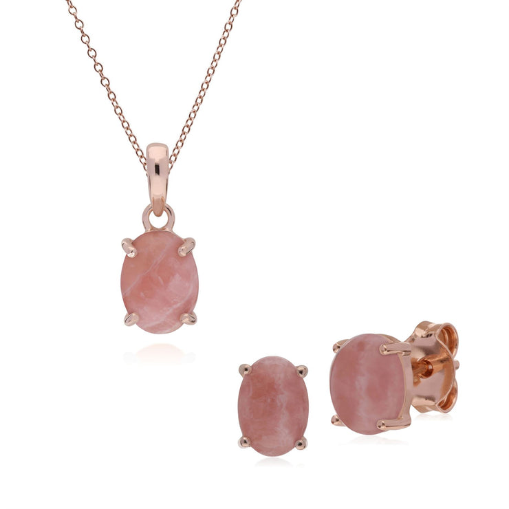 Classico pendente e orecchini a bottone ovali in rodocrosite placcato oro rosa in argento 925