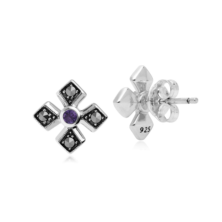 Orecchini a bottone con croce gotica in stile Art Déco in argento 925 con ametista e marcasite