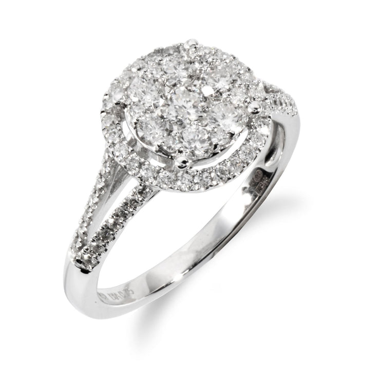 Gemondo Anello a grappolo Halo con diamanti a gambo diviso in oro bianco da 18 ct da 0,75 ct
