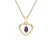 Pendente a cuore singolo con pietra ovale e ametista in oro giallo da 9 ct su catena da 45 cm