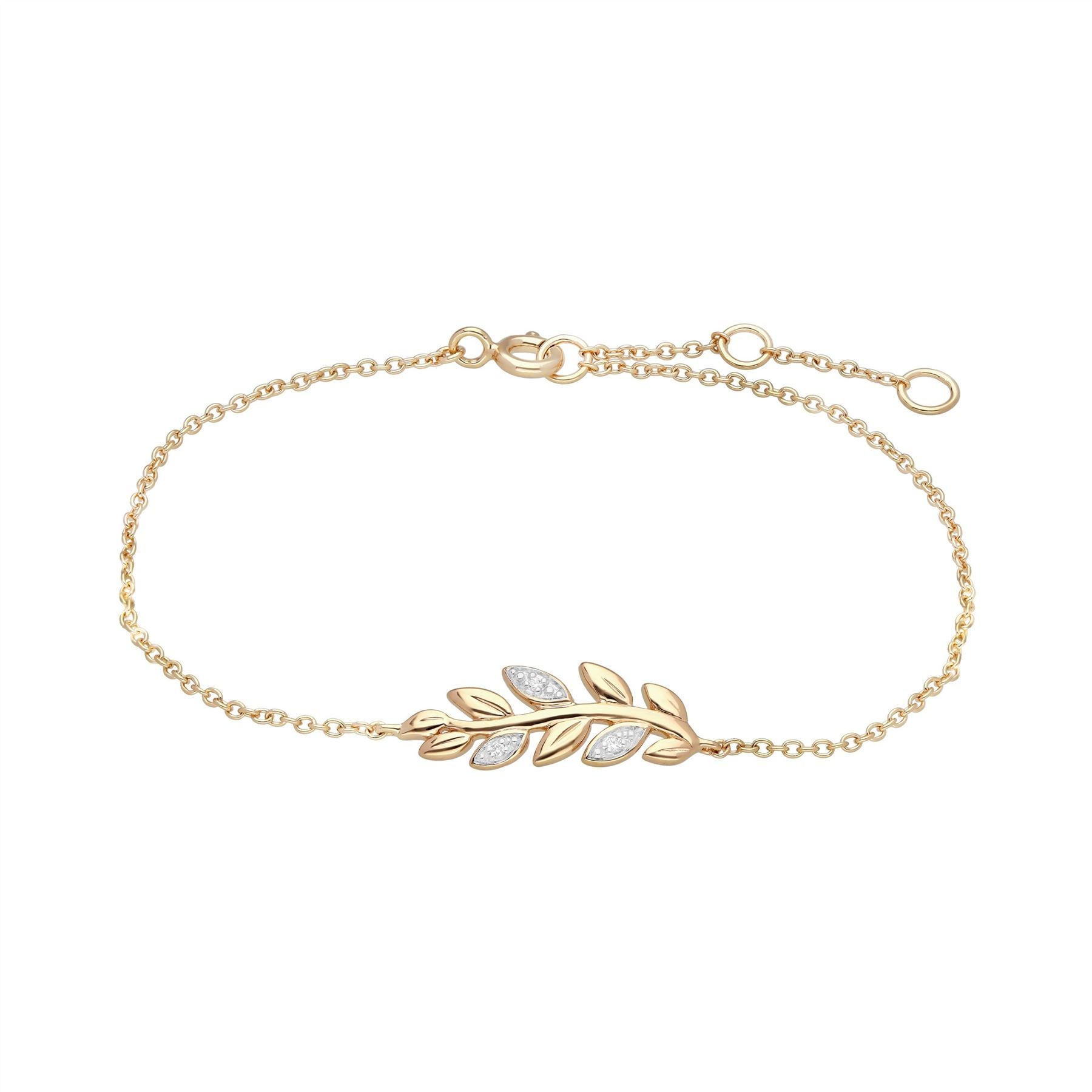 9ct Yellow Gold O Leaf Diamond Pave Chain Bracelet