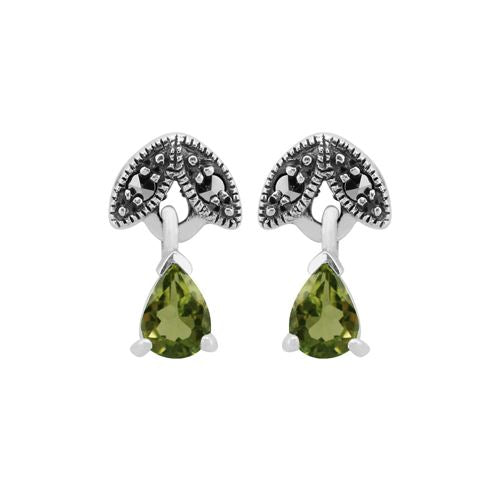 Collana e orecchini a foglia in stile Art Déco Argento 925 Peridoto Pera e Marcasite