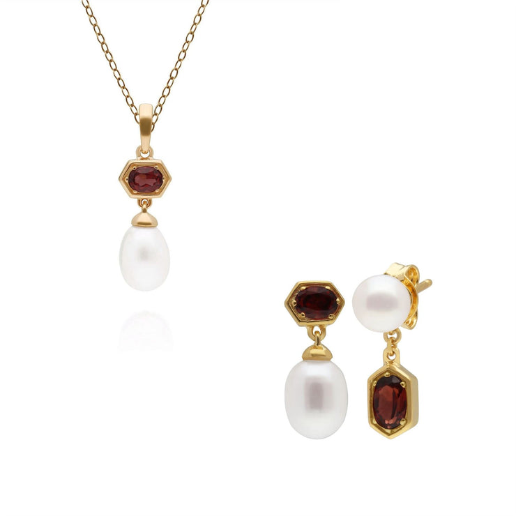 Orecchini e ciondolo con perla moderna Argento 925 placcato oro Granato e perla