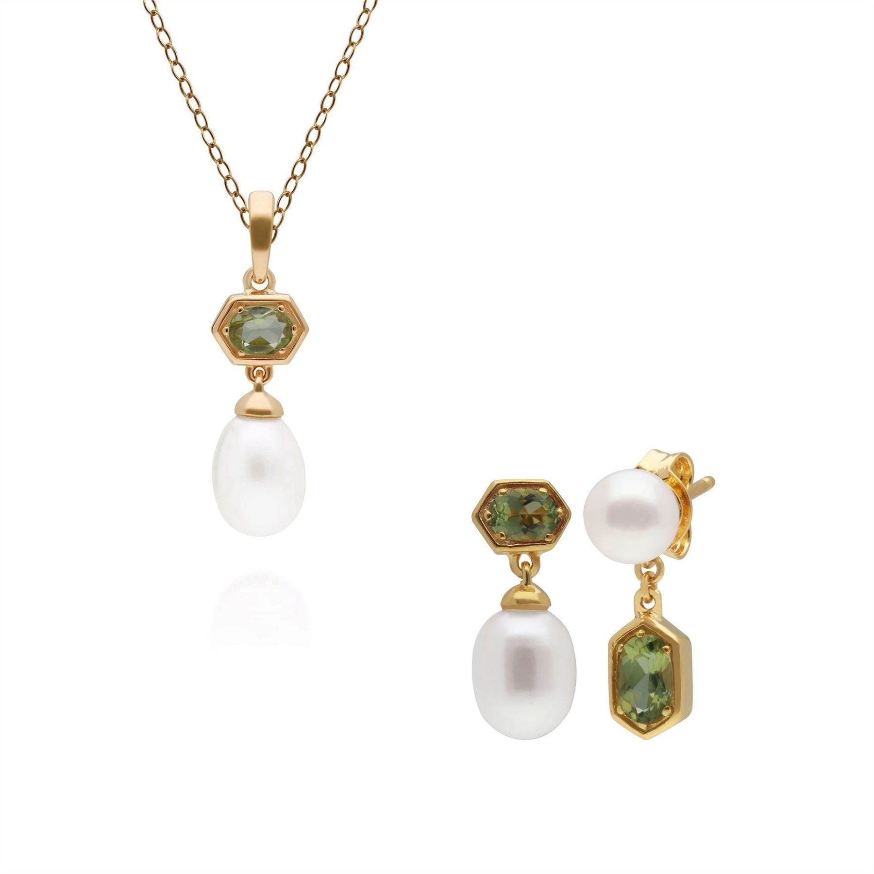 Modern Pearl & Peridot Pendant & Earring Set in Gold Plated Sterling Silver