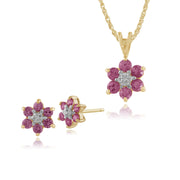 Ciondolo e orecchini floreali in oro giallo 375 con zaffiro rosa e diamanti