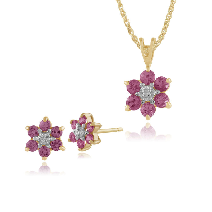 Ciondolo e orecchini floreali in oro giallo 375 con zaffiro rosa e diamanti