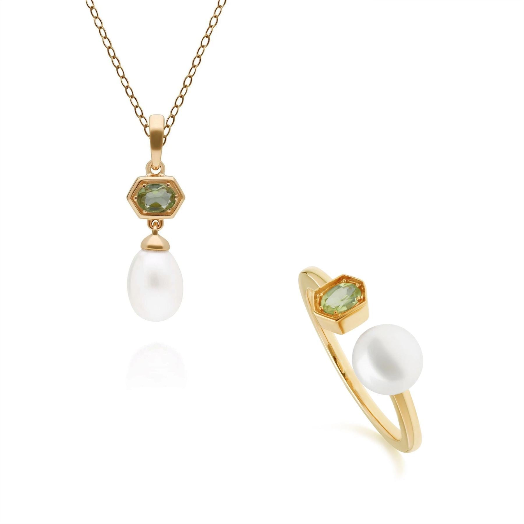 Modern Pearl & Peridot Pendant & Ring Set in Gold Plated Sterling Silver