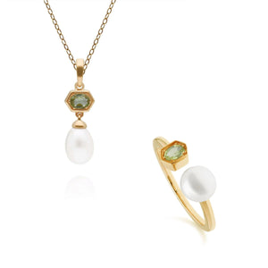Modern Pearl & Peridot Pendant & Ring Set in Gold Plated Sterling Silver