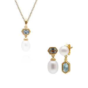Modern Pearl & Blue Topaz Pendant & Earring Set in Gold Plated Sterling Silver