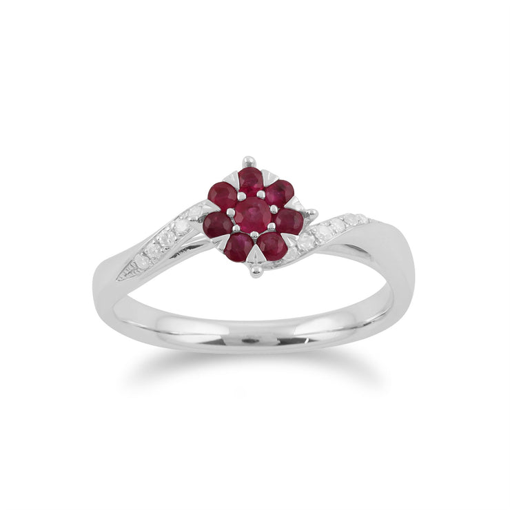 Anello Gemondo con rubino, anello a fiore con rubino e diamanti in oro bianco da 9 ct da 0,32 ct
