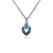 Collana e orecchini a bottone ovali in turchese e marcasite in argento 925 in stile Art Déco