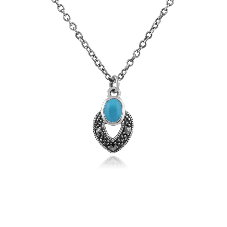 Collana e orecchini a bottone ovali in turchese e marcasite in argento 925 in stile Art Déco