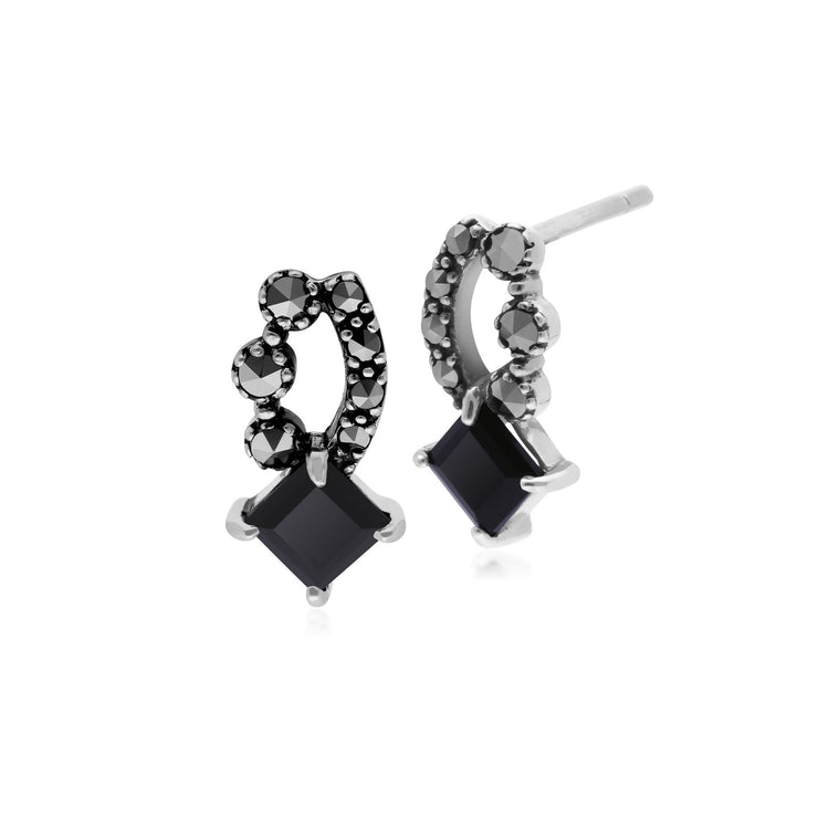 Orecchini a lobo in stile Art Nouveau Argento 925 Quadrato con onice nero e marcasite