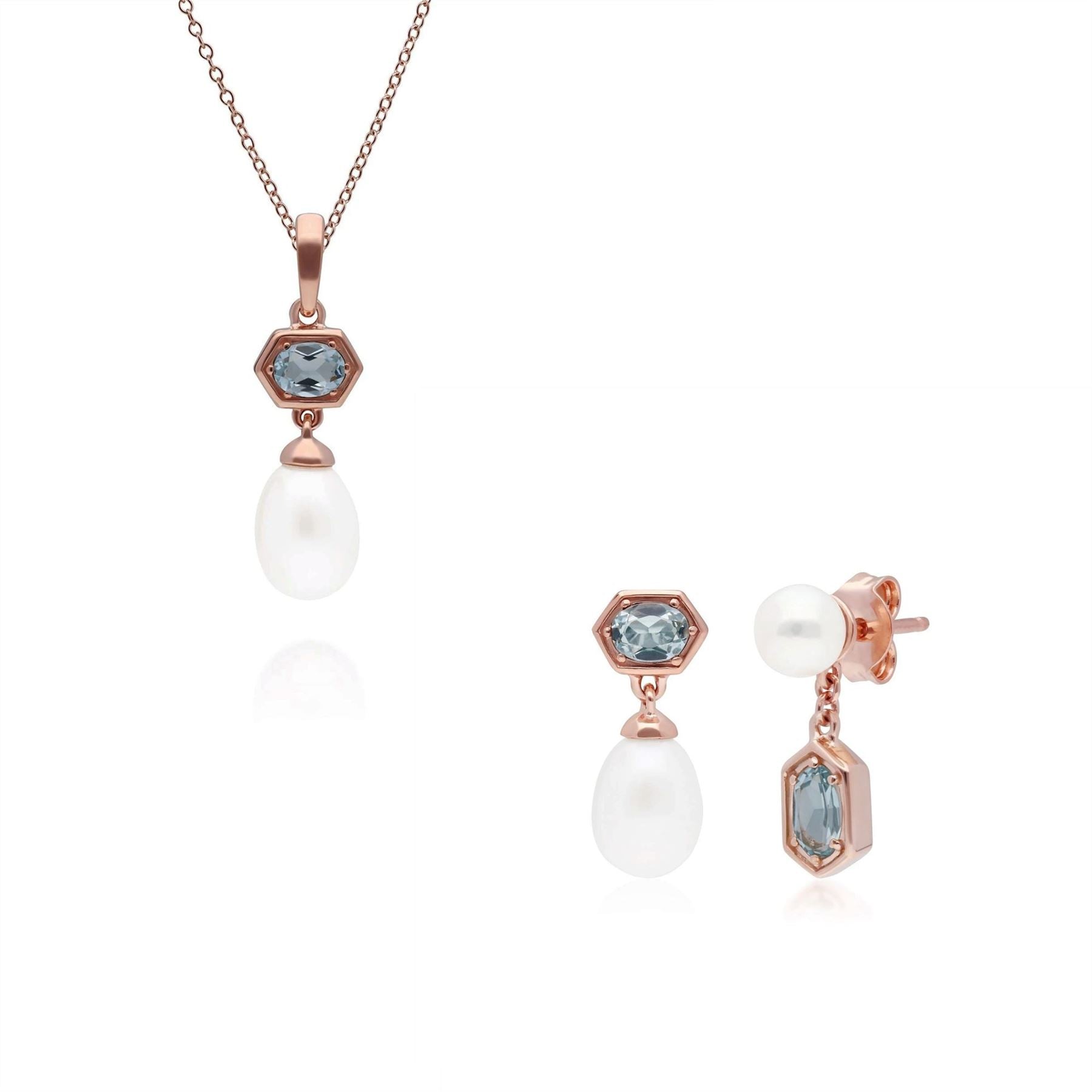 Modern Pearl & Blue Topaz Pendant & Earring Set in Rose Gold Plated Sterling Silver