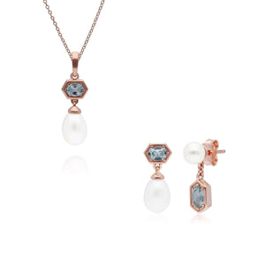Modern Pearl & Blue Topaz Pendant & Earring Set in Rose Gold Plated Sterling Silver