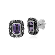 Orecchini di ametista, orecchini in argento sterling con ametista e marcasite ottagonali in stile Art Nouveau