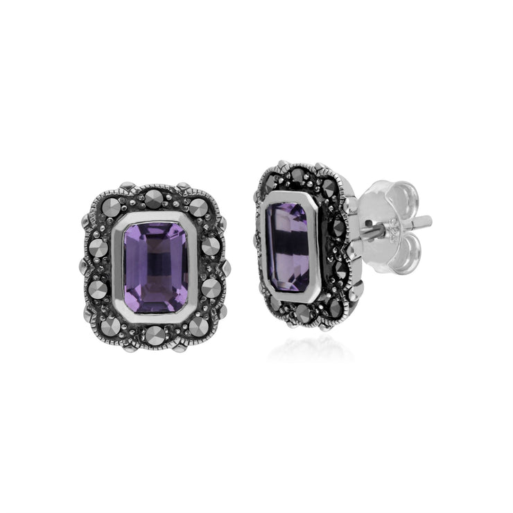 Orecchini di ametista, orecchini in argento sterling con ametista e marcasite ottagonali in stile Art Nouveau