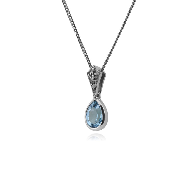 Collana in stile Art Déco Argento 925 con topazio blu e montatura a pera e marcasite