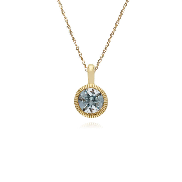 Collana con acquamarina, pendente Milgrain rotondo singolo in pietra acquamarina in oro giallo da 9 ct su catena da 45 cm