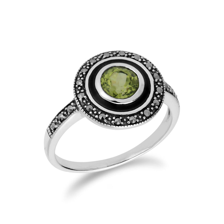Anello Gemondo con peridoto, anello in argento, peridoto e marcasite smaltato nero - Peridoto