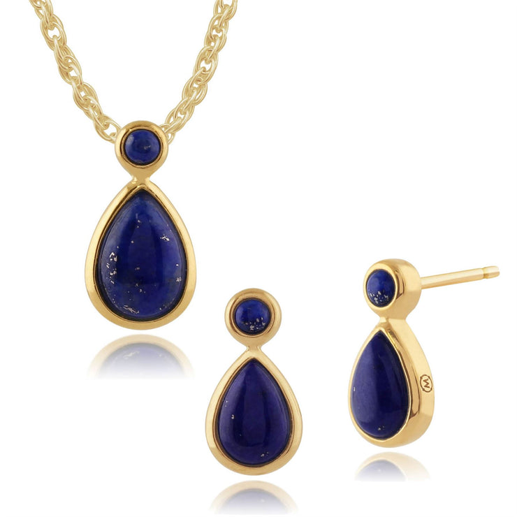 Orecchini pendenti e classici a bottone in argento 925 placcato oro con lapislazzuli montati su castoni cabochon ovali