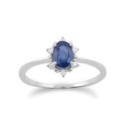 Anello Gemondo con zaffiro, anello a grappolo ovale in oro bianco da 9 ct con zaffiro da 0,57 ct e diamanti