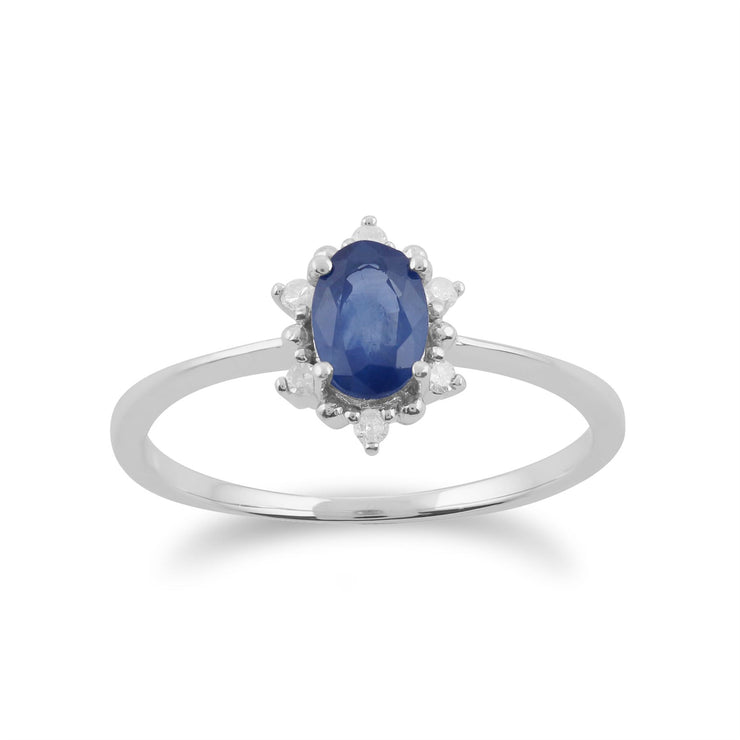Anello Gemondo con zaffiro, anello a grappolo ovale in oro bianco da 9 ct con zaffiro da 0,57 ct e diamanti