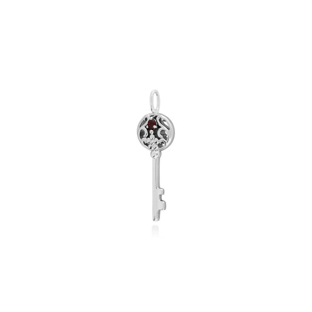 Ciondolo chiave grande classico in argento 925 con granato rotondo