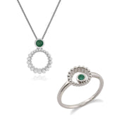Classico set di anelli Halo e ciondolo in argento 925 con smeraldo