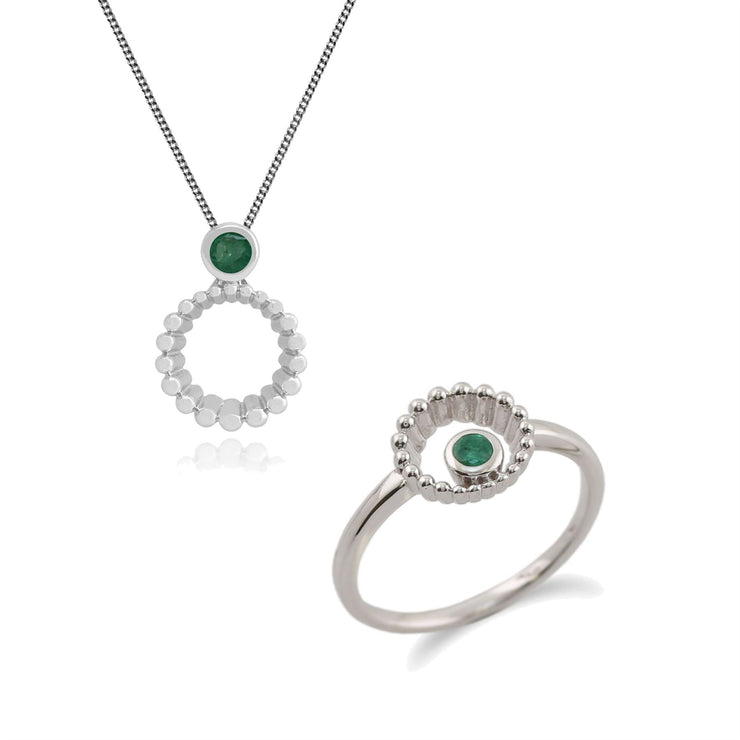 Classico set di anelli Halo e ciondolo in argento 925 con smeraldo