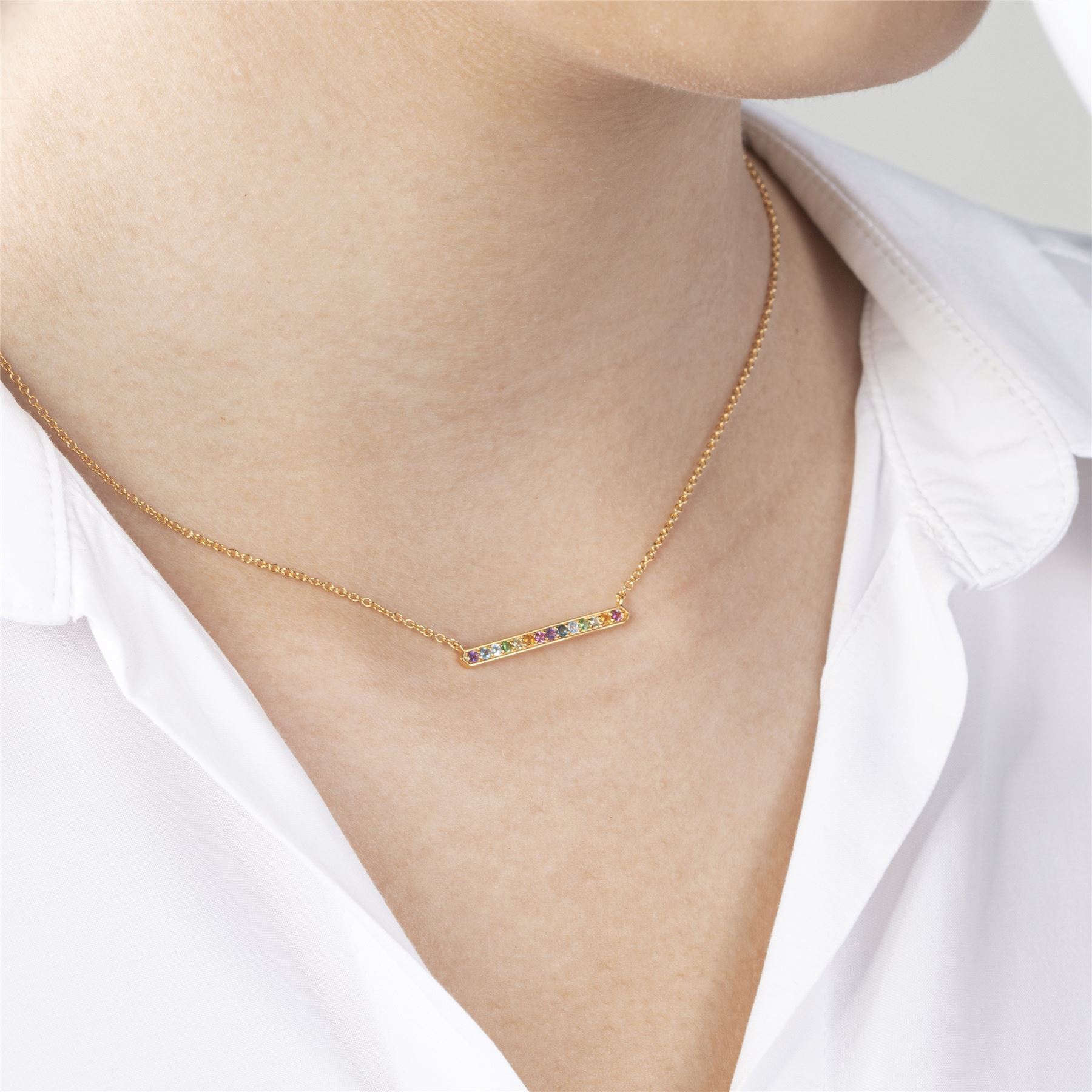 Rainbow Gemstone Bar Necklace in Gold Plated Sterling Silver on model