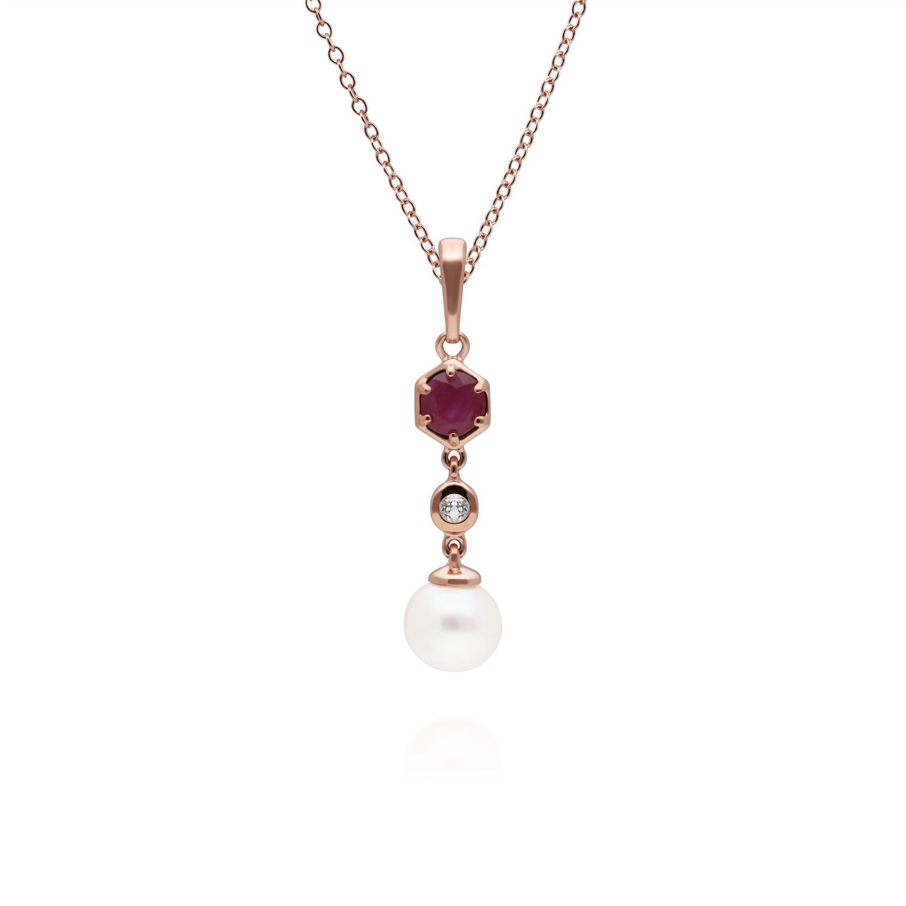 Pendente con catena a goccia moderno con perla, rubino e topazio in argento sterling placcato oro rosa