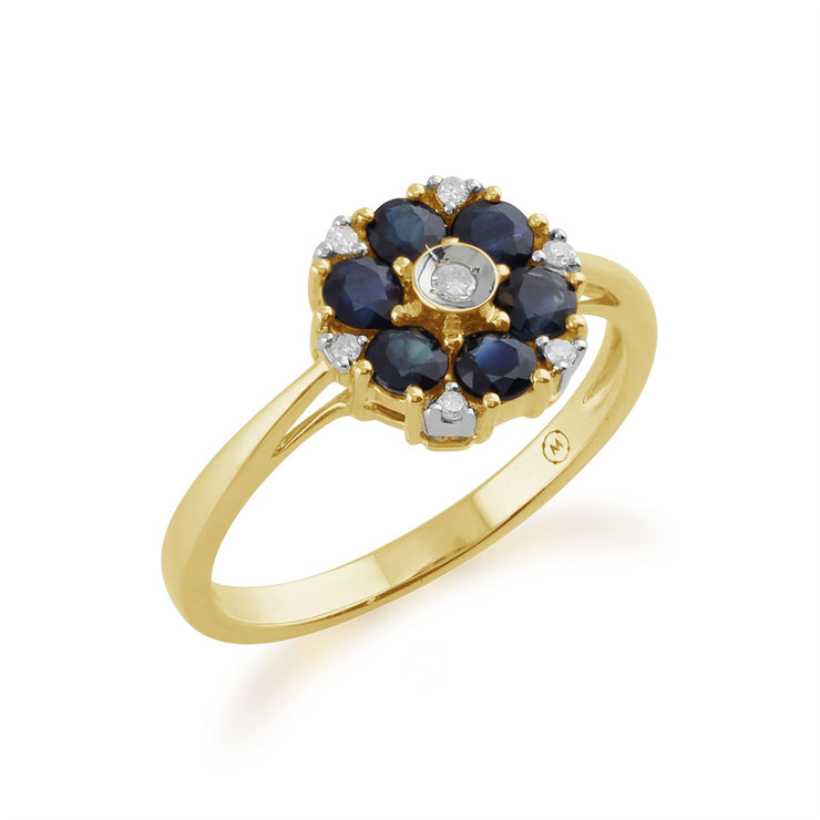 Gemondo Anello floreale in oro giallo da 9 ct con zaffiro blu da 0,78 ct e diamanti