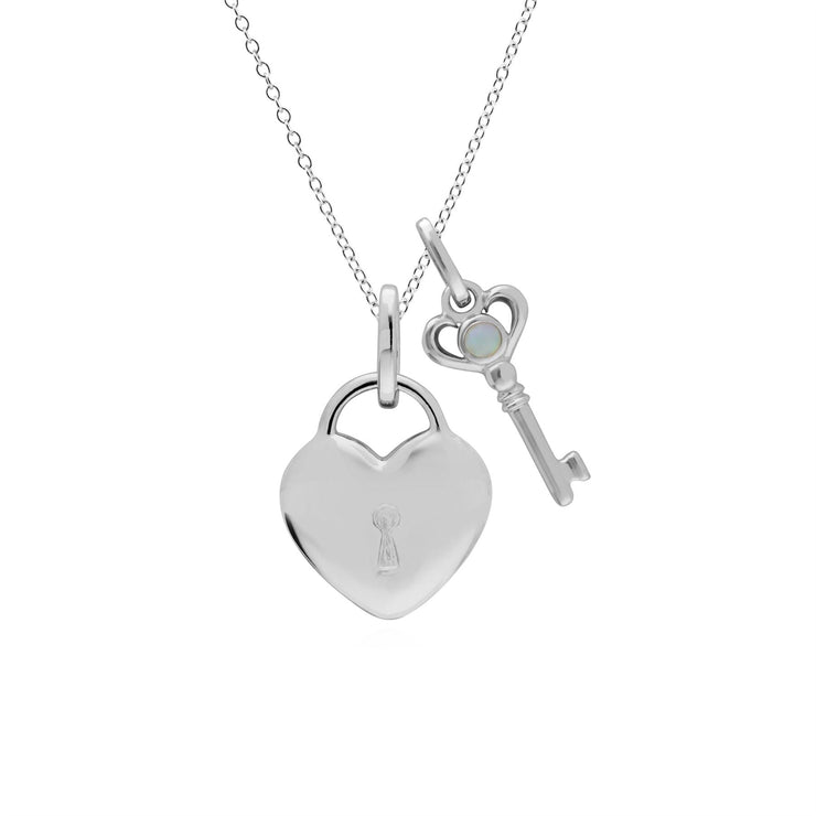 Classico ciondolo con lucchetto a cuore in argento 925 e ciondoli con chiave in opale
