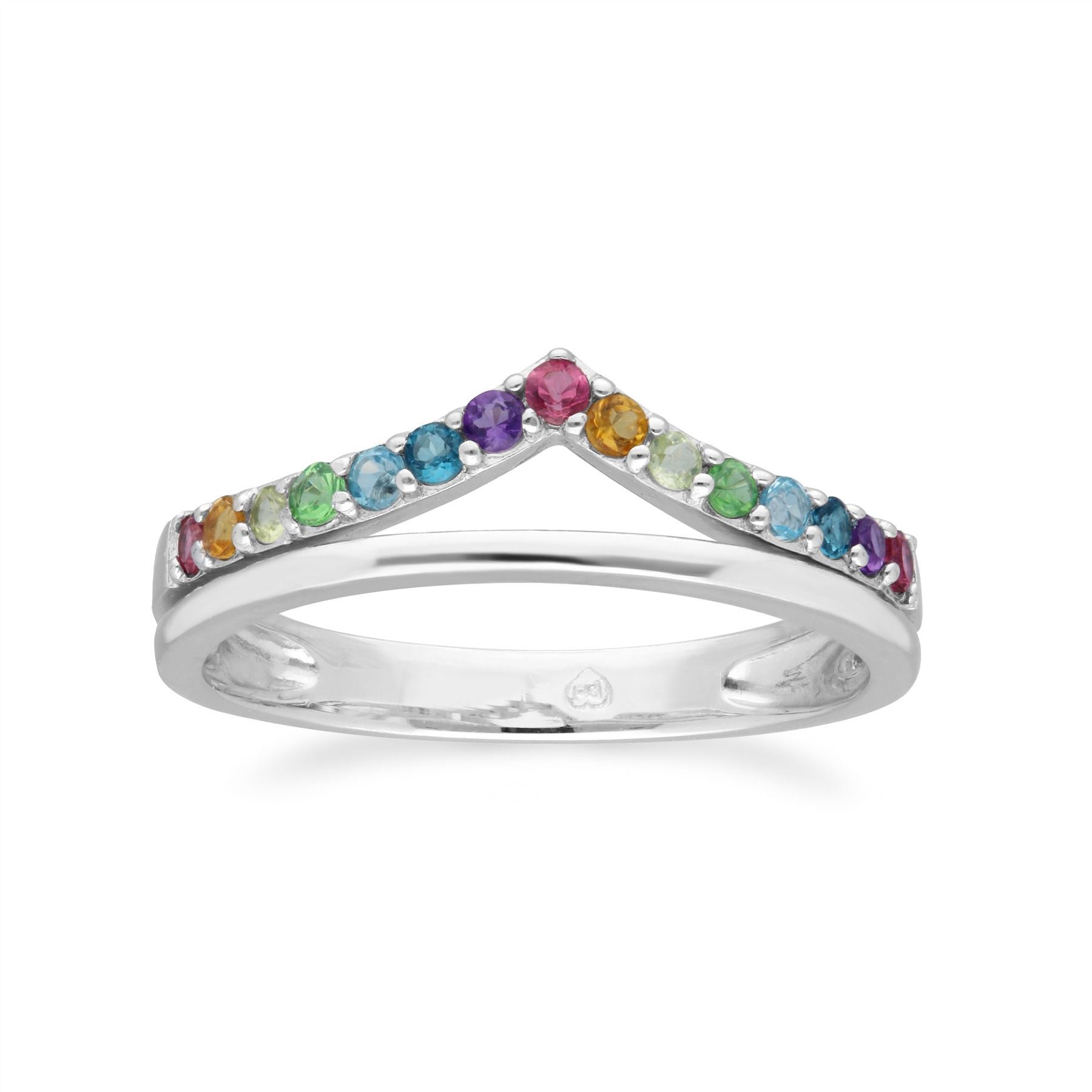 Rainbow Gemstone Wishbone Ring Style in 925 Sterling Silver 
