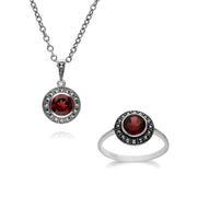 Ciondolo e anello in stile Art Déco in argento 925 con grappolo rotondo di granato e marcasite