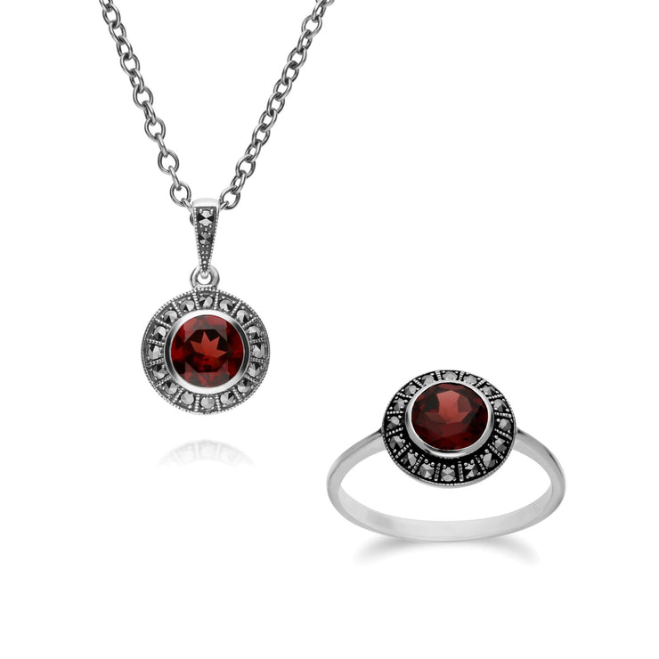 Ciondolo e anello in stile Art Déco in argento 925 con grappolo rotondo di granato e marcasite
