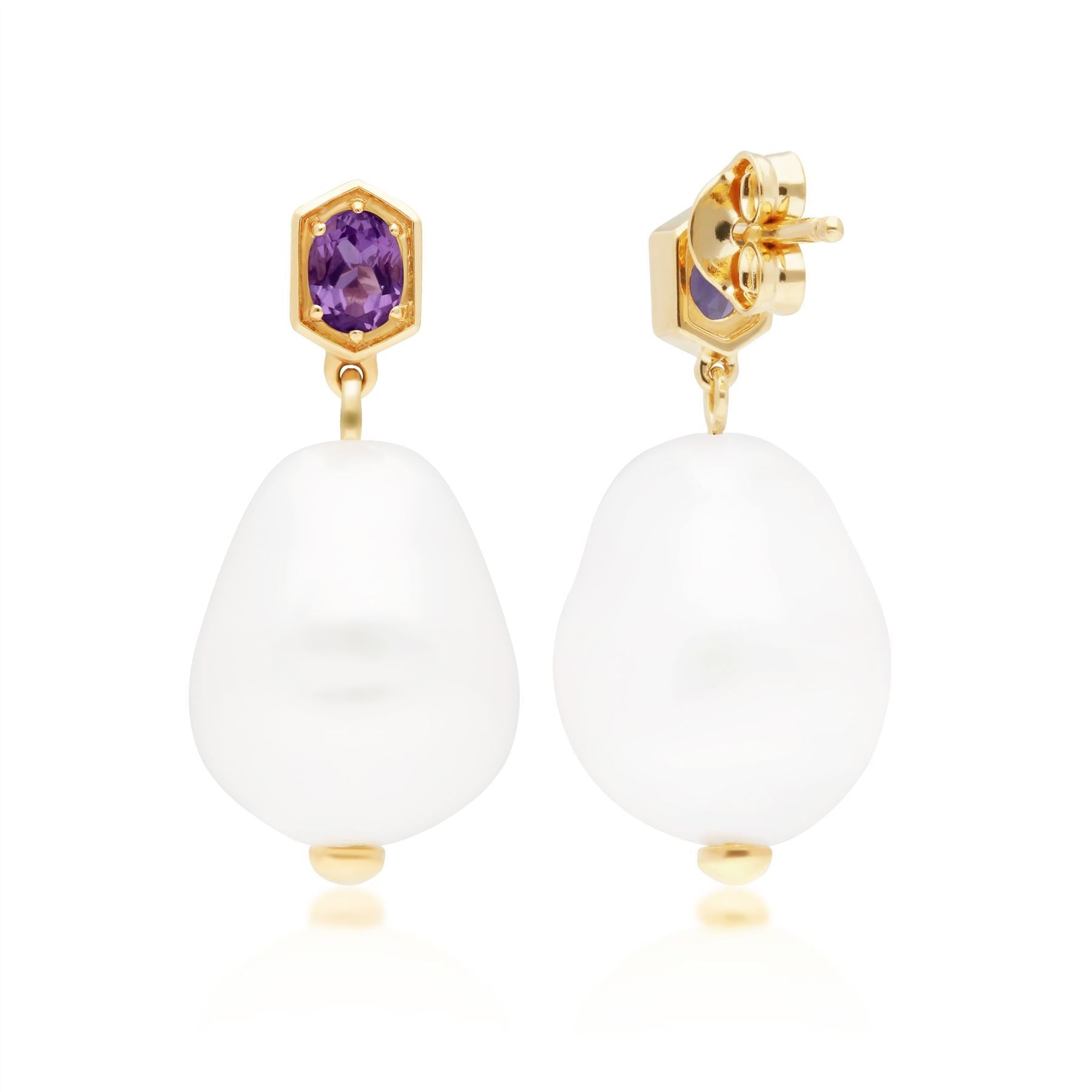 Modern Baroque Pearl & Amethyst Drop Earrings in Gold Plated Sterling Silver