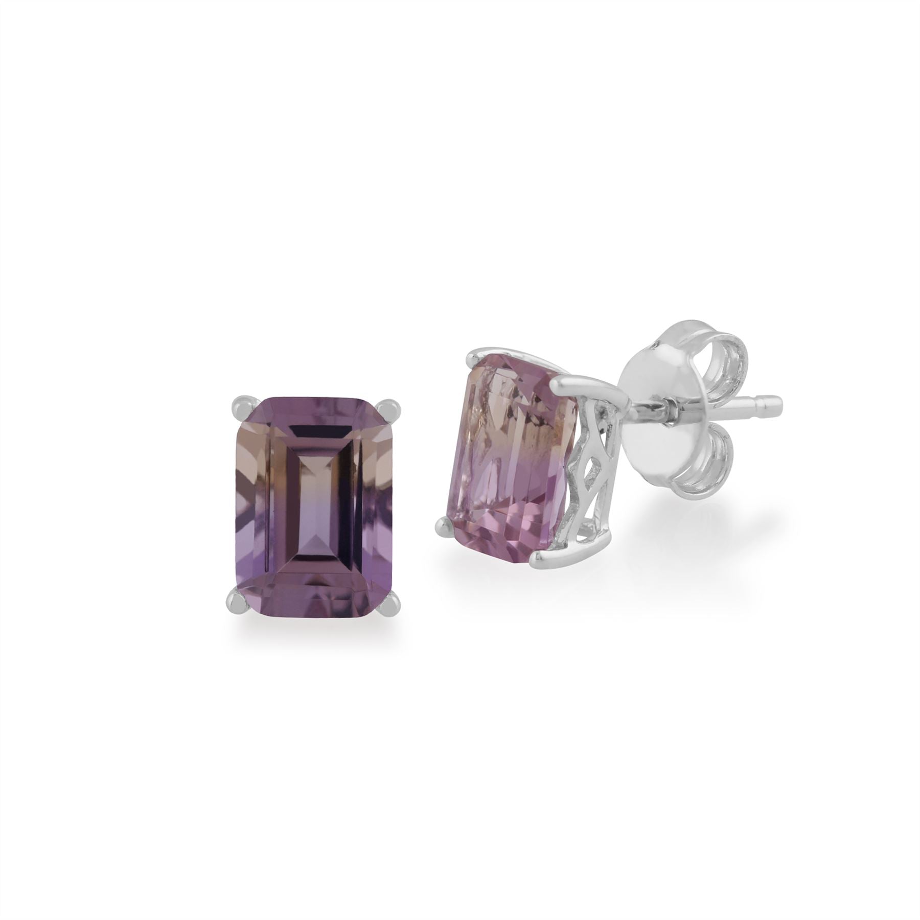 Classici orecchini a bottone e pendenti in argento 925 con baguette di ametrino con griffe