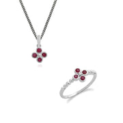 Ciondolo floreale in argento 925 con trifoglio e anello con rubino rotondo