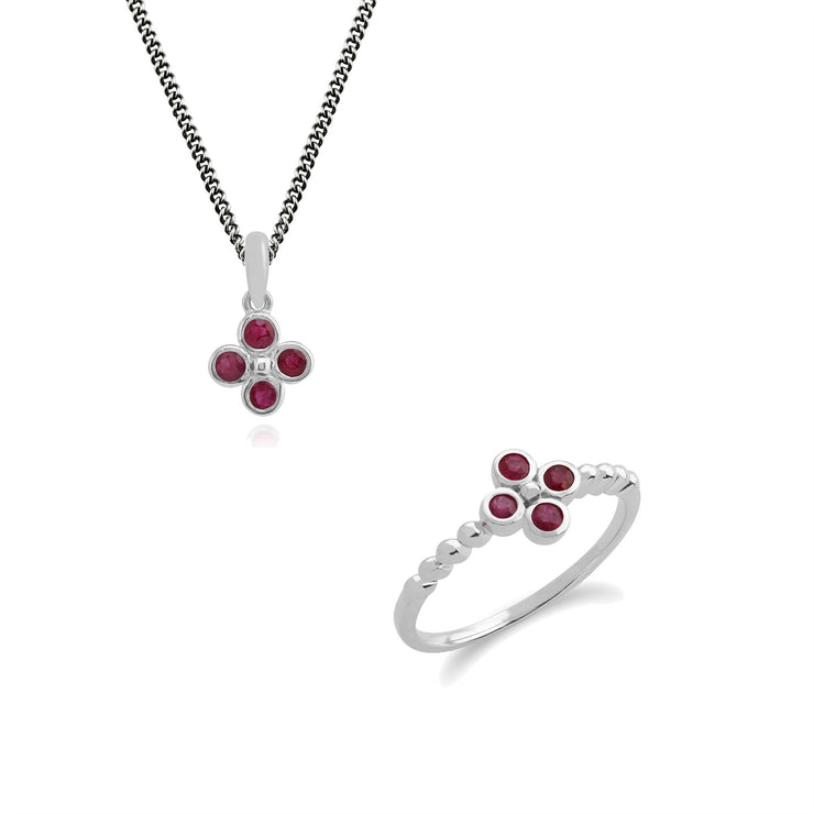Ciondolo floreale in argento 925 con trifoglio e anello con rubino rotondo