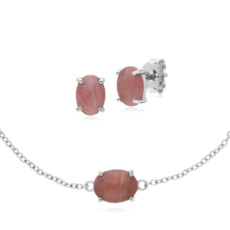 Classico bracciale e orecchini a lobo ovali in rodocrosite in argento 925