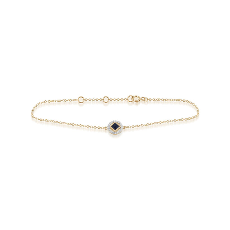 Classico bracciale stile Halo in oro giallo 375 con zaffiri quadrati e diamanti
