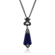 Ciondolo in stile Art Déco in argento 925 con lapislazzuli cabochon e marcasite